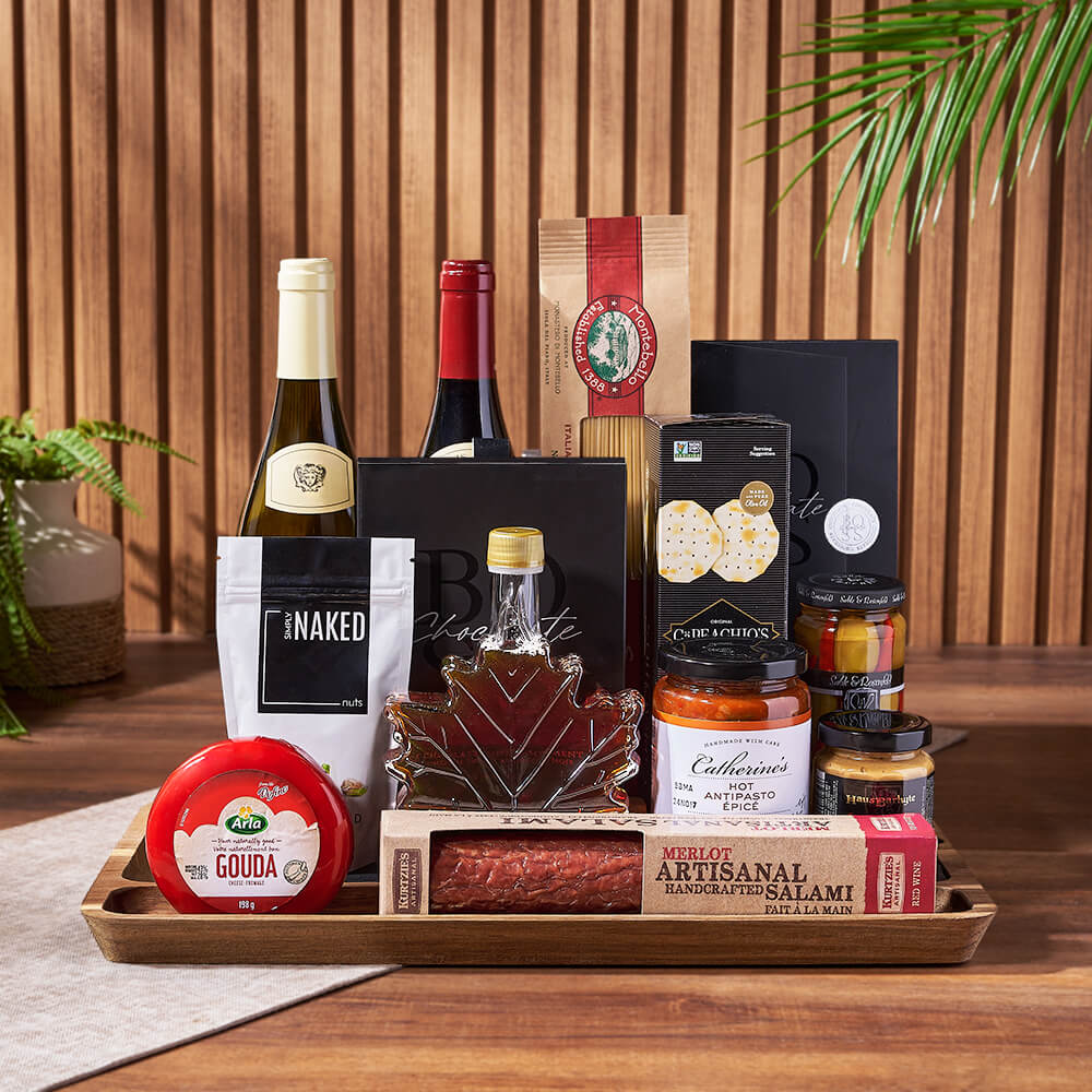 Two-Bottle Wine Gift Basket Featuring Dark Chocolate Truffles and Maple Syrup – how the gift is presented
