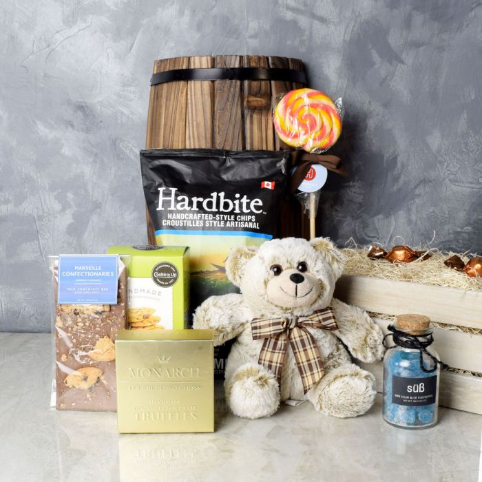 Celebration Gift Crate with Plush Silver Bear and Artisanal Snacks – how the gift is presented