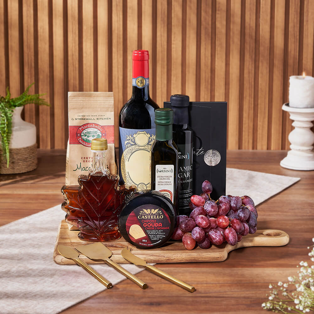 Italian Pasta Gift Basket with Wine – how the gift is presented
