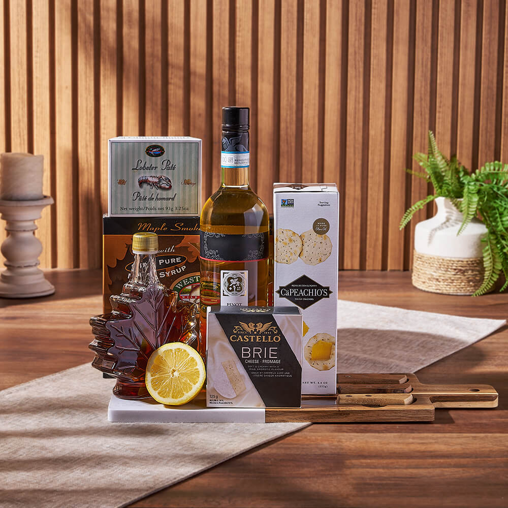 Deluxe Smoked Salmon &amp; Citrus Gift Basket with Wine, wine gift, wine, gourmet gift, gourmet, cheese gift, cheese, cheese board gift, cheese board, Rhode Island delivery