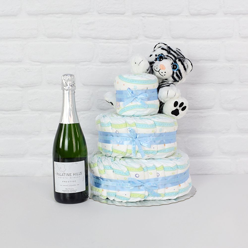 Diapers &amp; Plush Tiger Champagne Gift Set from Rhode Island Baskets - Rhode Island Delivery