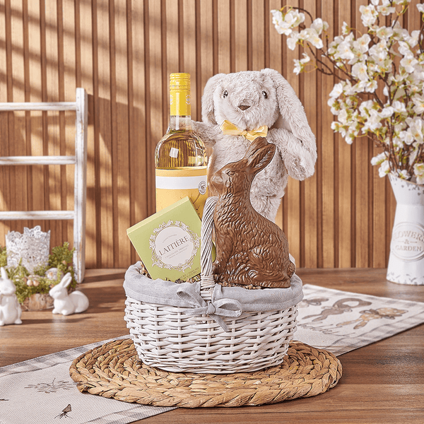 13-Inch Easter Basket with Wine, Plush Bunny, and Laitière Chocolates – gift basket with bottle of wine, traditional sitting milk chocolate bunny