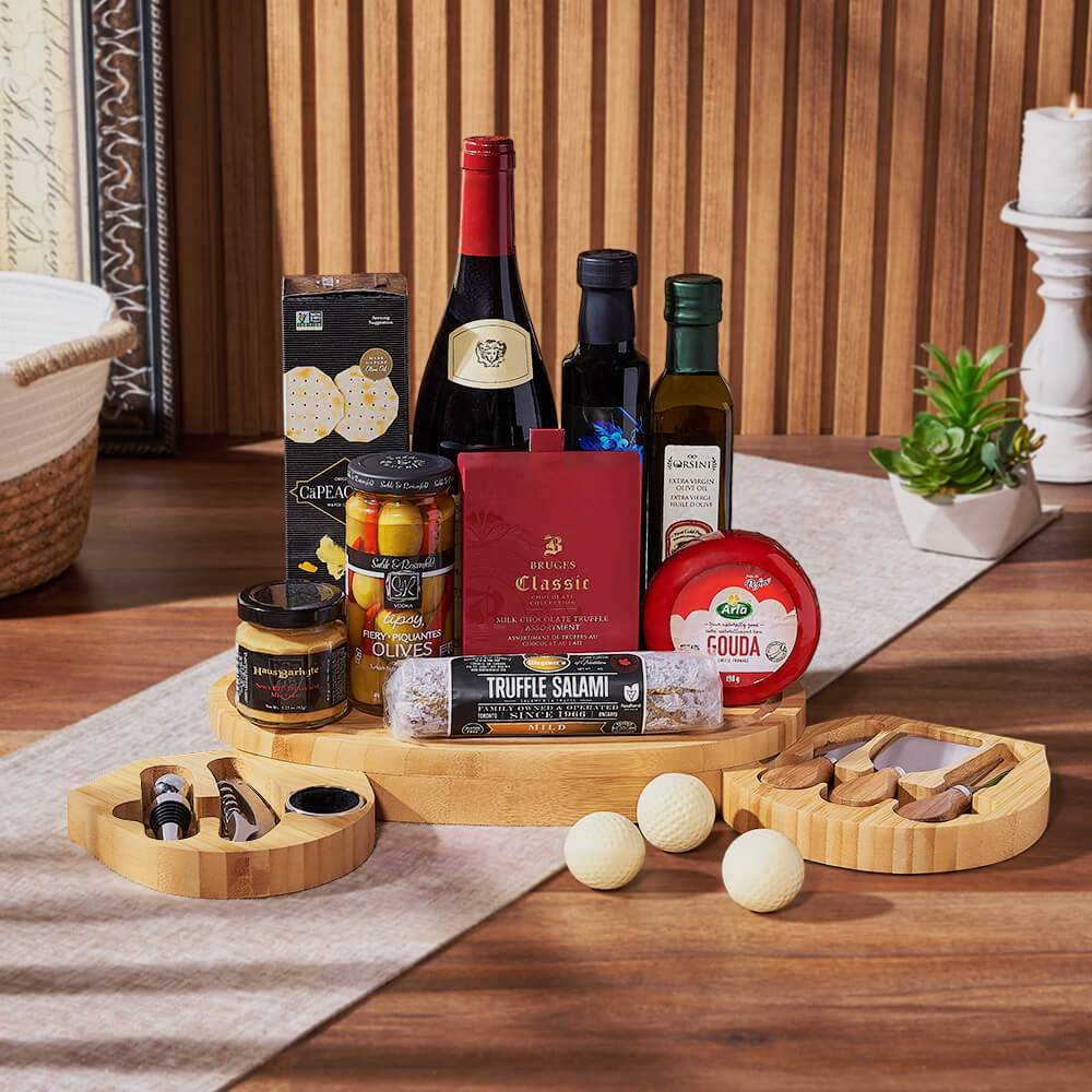 Golf Lover's Gourmet Snack Board with Wine Basket – how the gift is presented