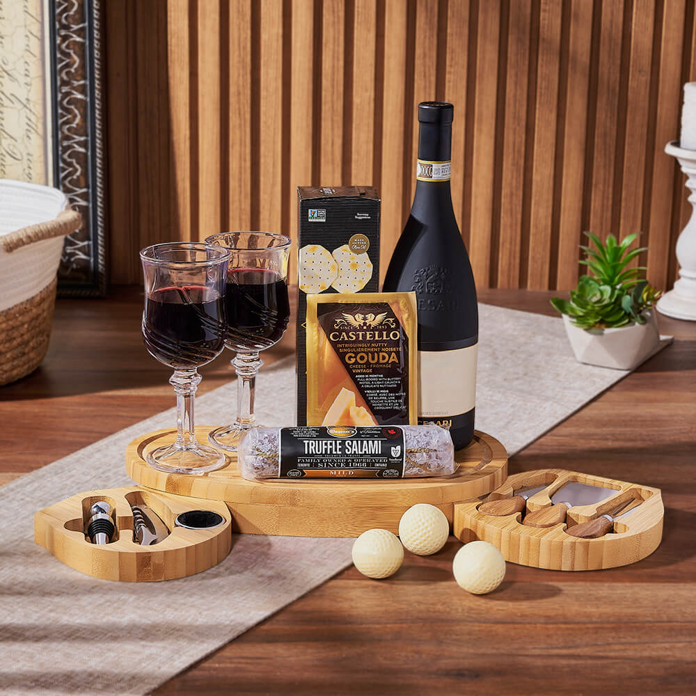 Deluxe Wine Gift Basket with Golf-Themed Cheese Board and Wine Tools – how the gift is presented