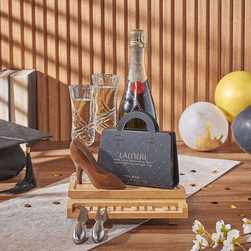 Graduating in Style Gift Set, graduation gift, graduation, chocolate gift, chocolate, champagne gift, champagne, sparkling wine gift, sparkling wine, Rhode Island delivery