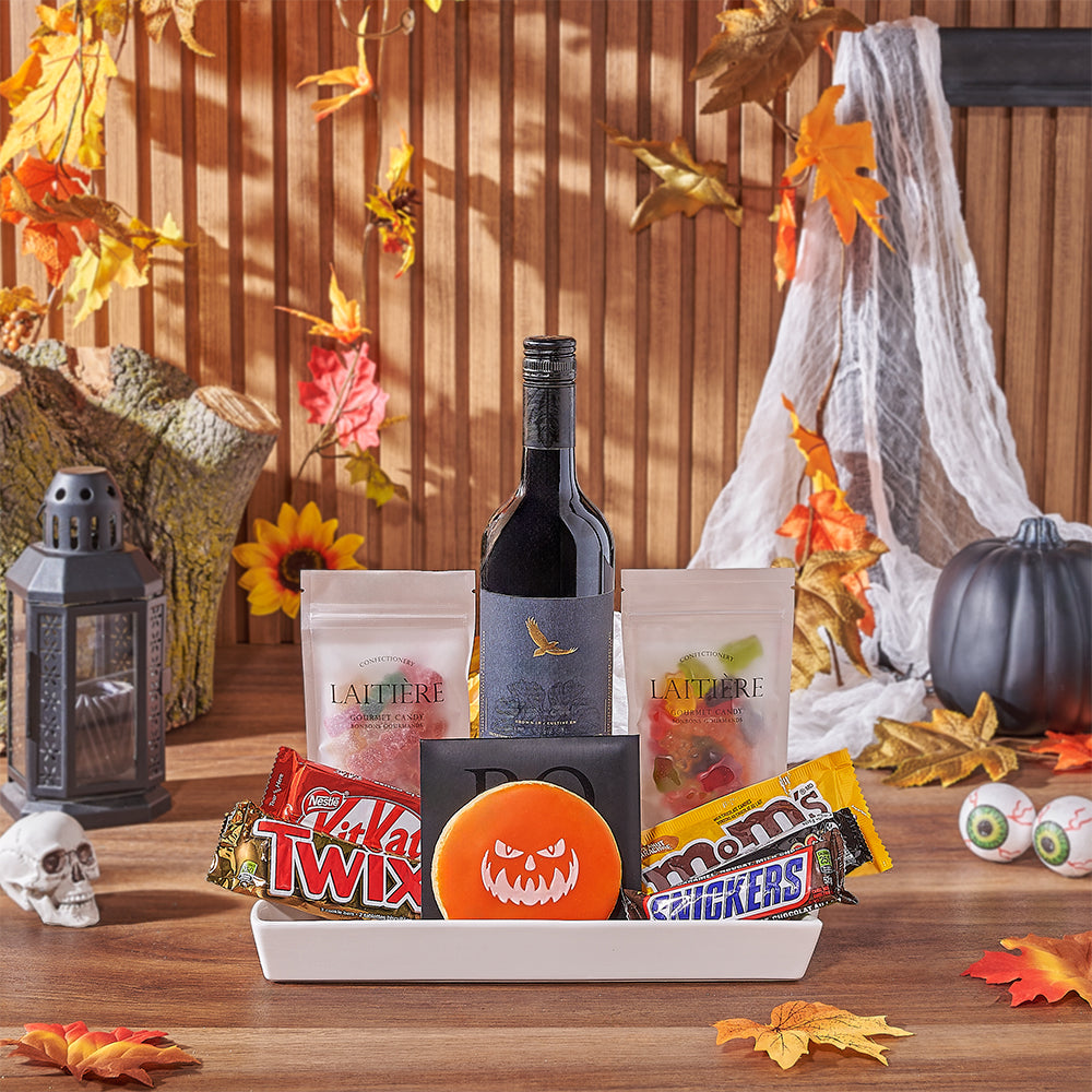 Halloween Wine &amp; Treat Platter, wine gift, wine, chocolate gift, chocolate, halloween gift, halloween, Rhode Island delivery