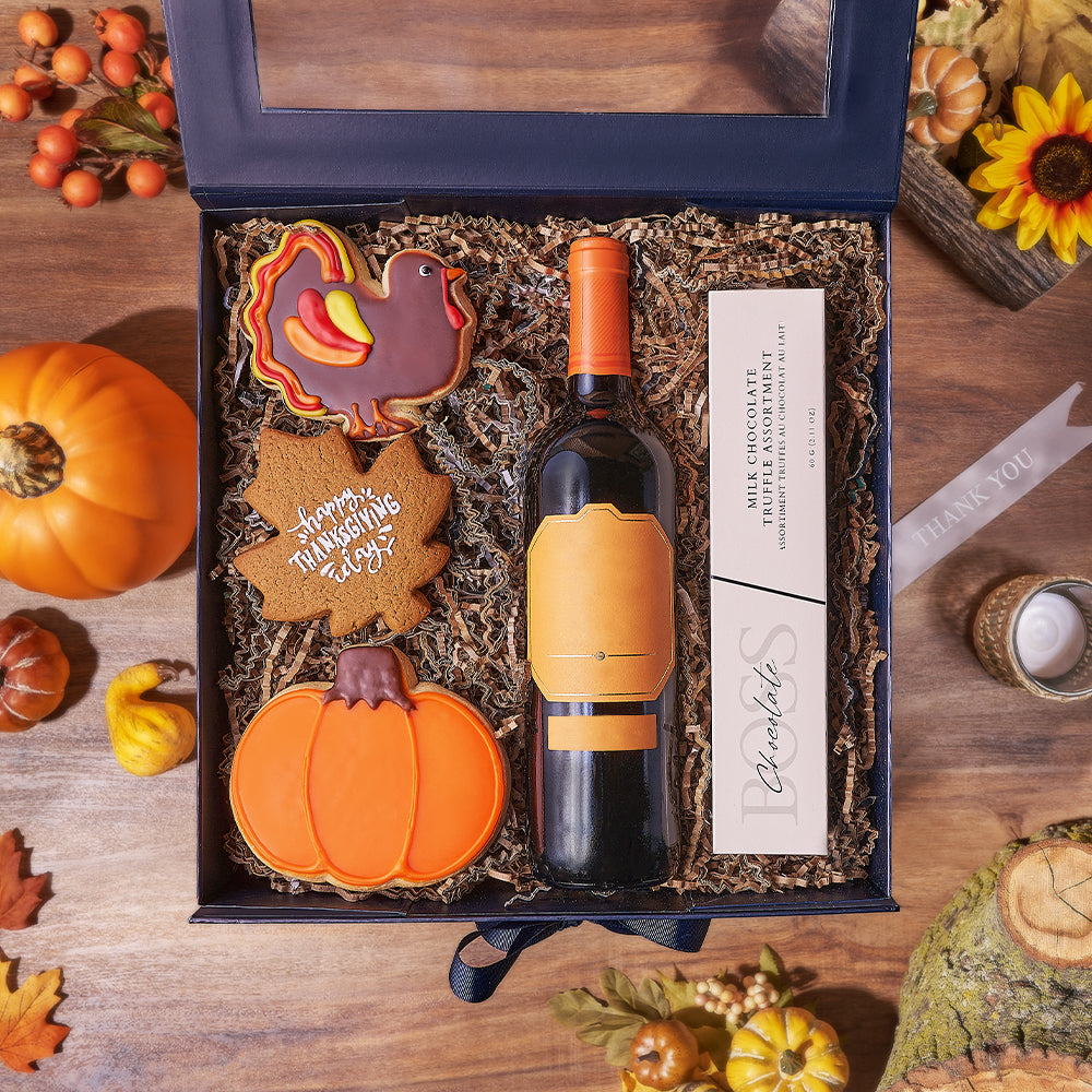 Happy Thanksgiving Wine &amp; Cookie Box, thanksgiving gift, thanksgiving, wine gift, wine, chocolate gift, chocolate, Rhode Island delivery