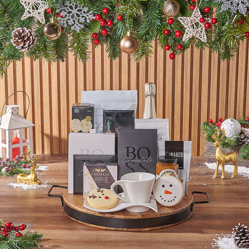 Holiday Champagne and Gourmet Gift Board – how the gift is presented