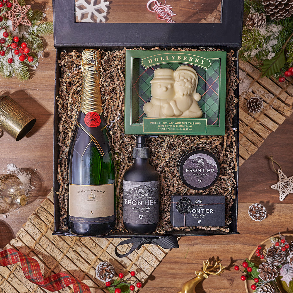 Holiday Bubbly &amp; Spa Gift Box, chocolate gift, chocolate, champagne gift, champagne, sparkling wine gift, sparkling wine, Christmas gift, Christmas, Rhode Island delivery