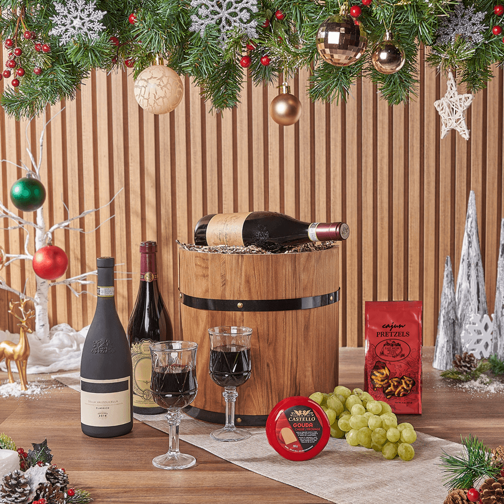 Holiday Fine Wine &amp; Cheese Barrel, wine gift, wine, cheese gift, cheese, fruit gift, fruit, christmas gift, christmas, holiday gift, holiday, Rhode Island delivery
