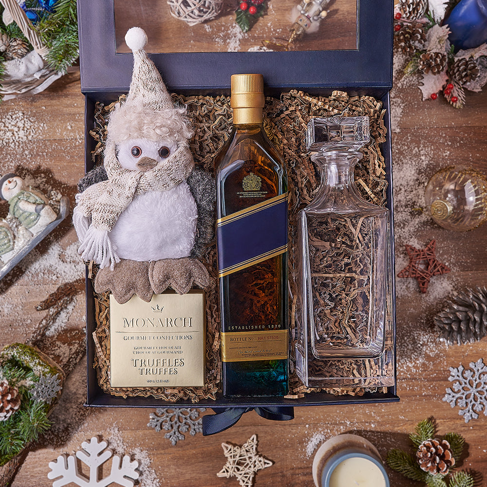 Holiday Liquor Decanter &amp; Treats Basket, liquor gift, liquor, chocolate gift, chocolate, decanter gift, decanter, christmas gift, christmas, Rhode Island delivery