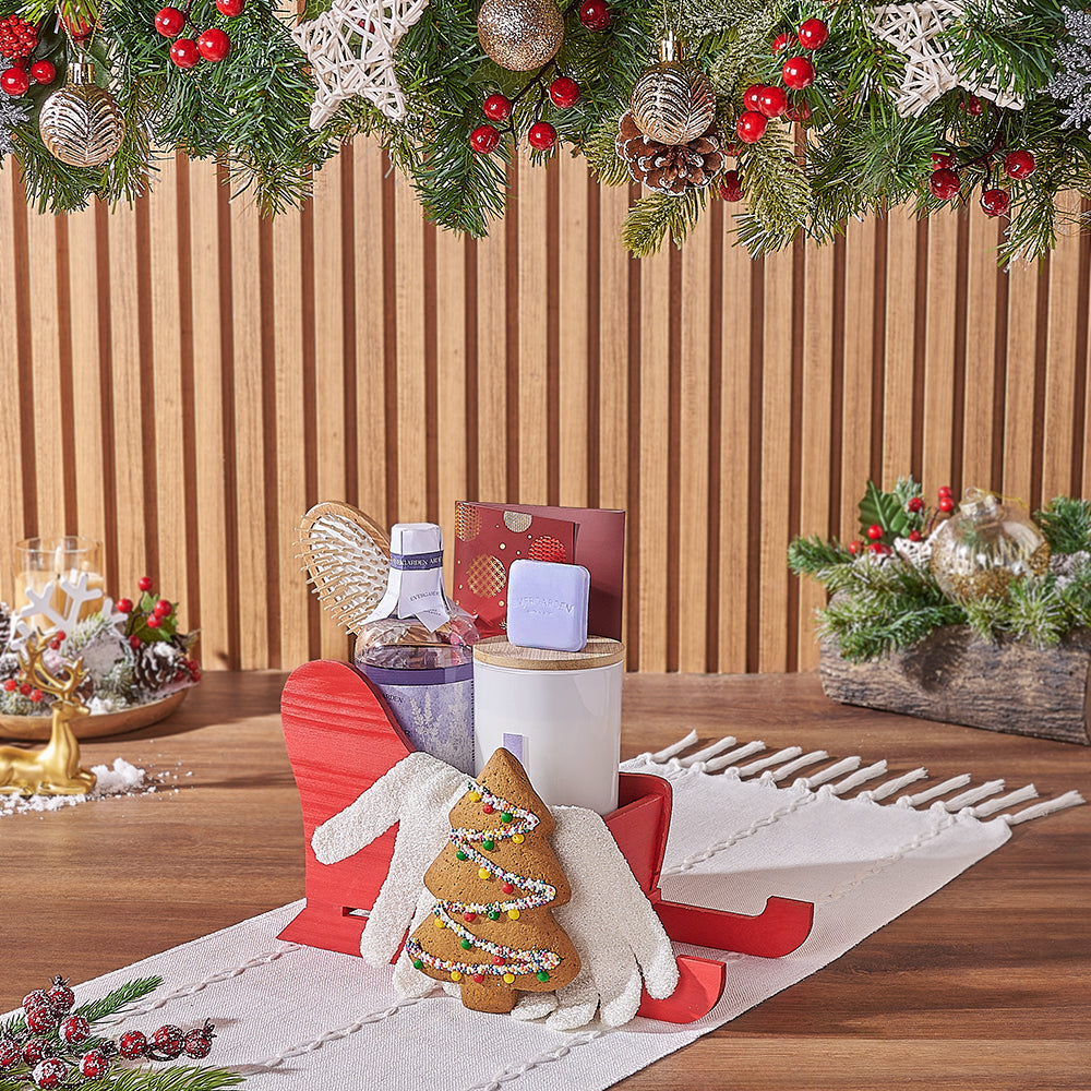 Premium Holiday Gift Basket with Lavender Bath and Gourmet Treats – how the gift is presented