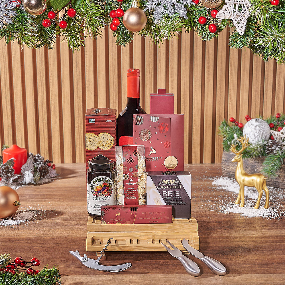 Holiday Wine &amp; Cheese Snack Basket, wine gift, wine, chocolate gift, chocolate, christmas gift, christmas, Rhode Island delivery