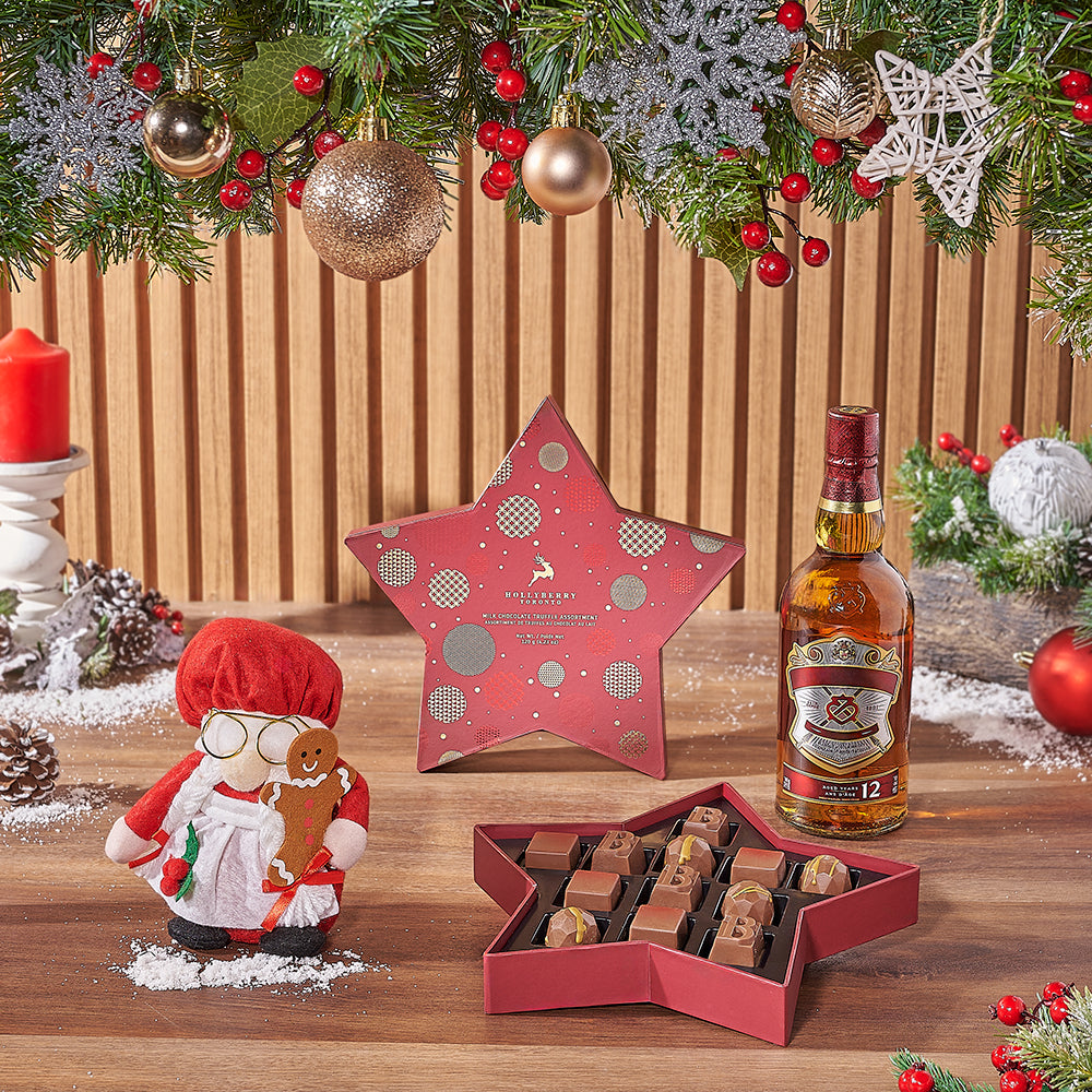 Whiskey and Gourmet Chocolate Holiday Gift Basket – how the gift is presented