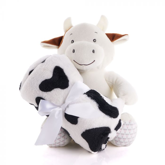 New Parent Gift Basket Featuring Plush Cow and Cozy Baby Blanket – how the gift is presented