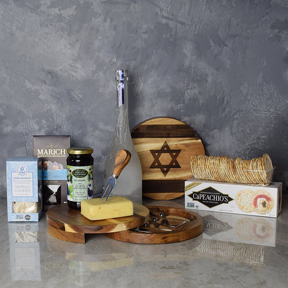 Give the gift of gourmet quality with the Kosher Liquor &amp; Snacks Platter from Rhode Island Baskets - Rhode Island Delivery