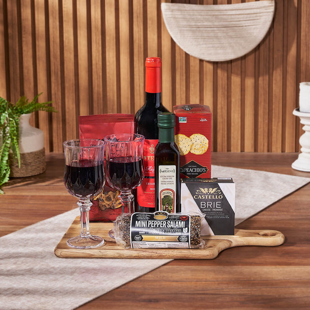 Acacia Wood Board Wine Gift Basket with Brie, Pretzels, and Salami – how the gift is presented