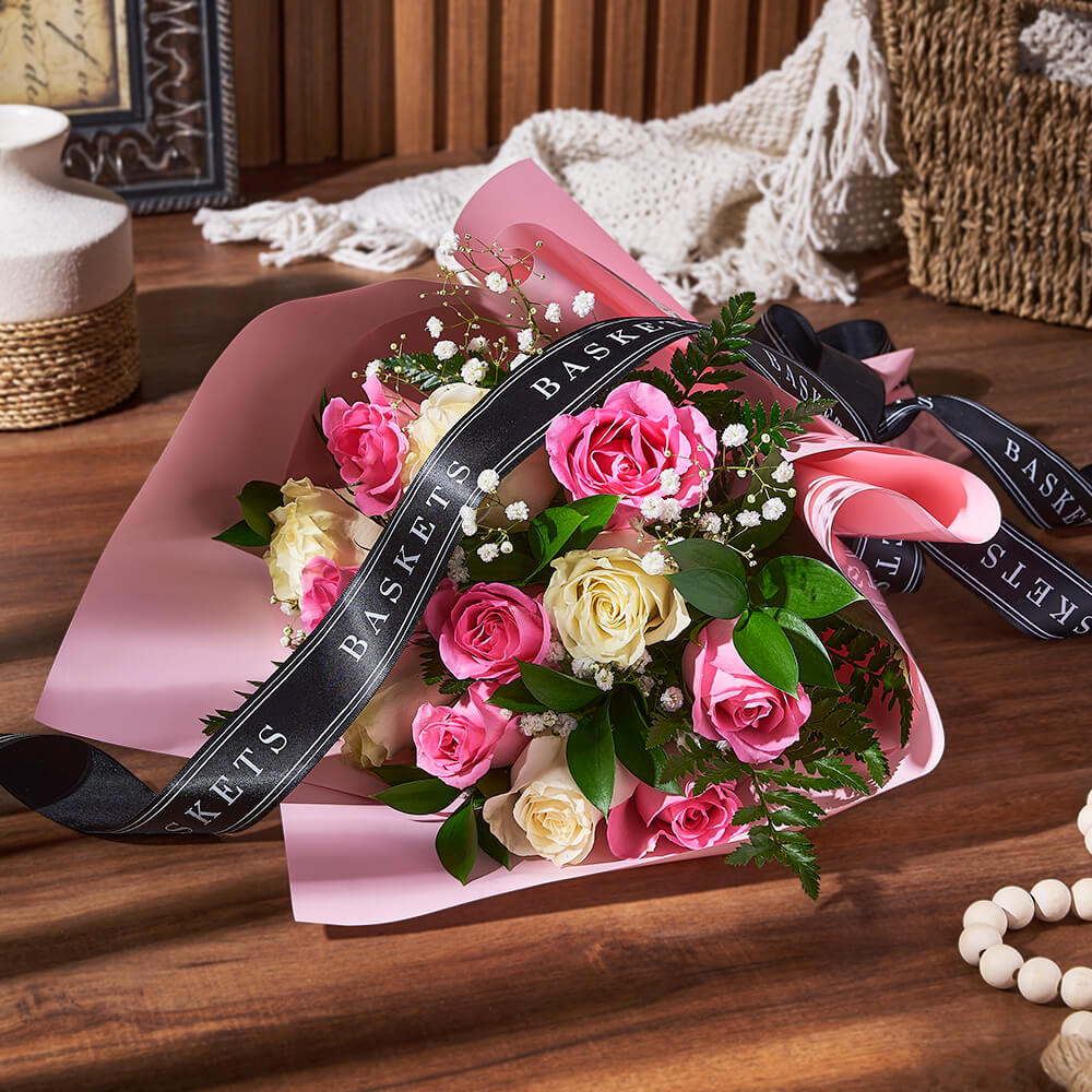 12 Pink Roses and Baby's Breath – how the gift is presented
