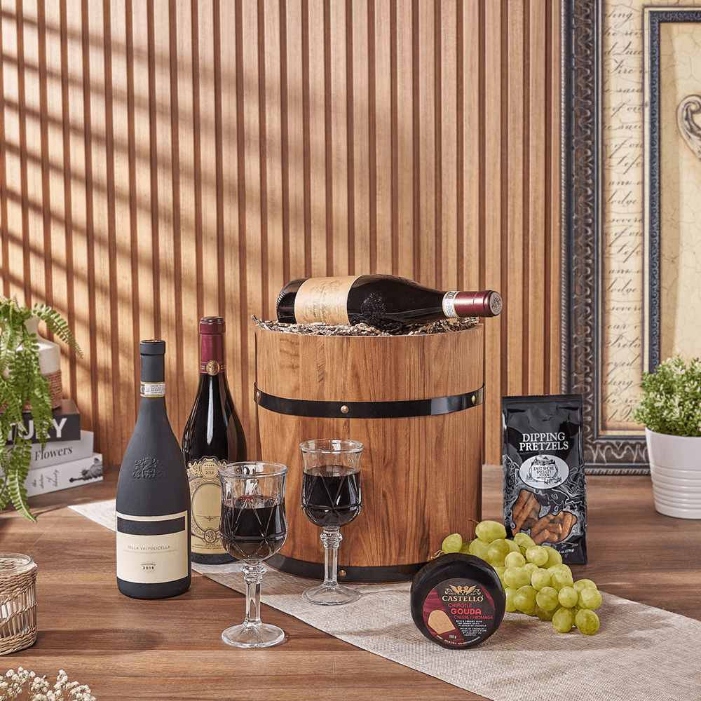 Lovely Wine Cheese Barrel - Vintage Premium Wines, wine gift, wine, fruit gift, fruit, cheese gift, cheese, Rhode Island delivery