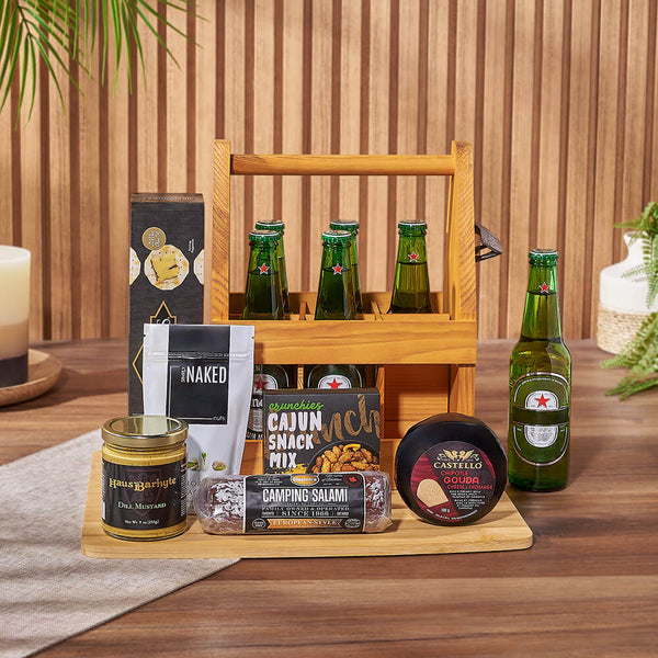 6-Bottle Beer and Snack Gift Basket – gift basket with six bottles of beer, 6 slot wood bottle carrier with bottle opener and capeachio's original