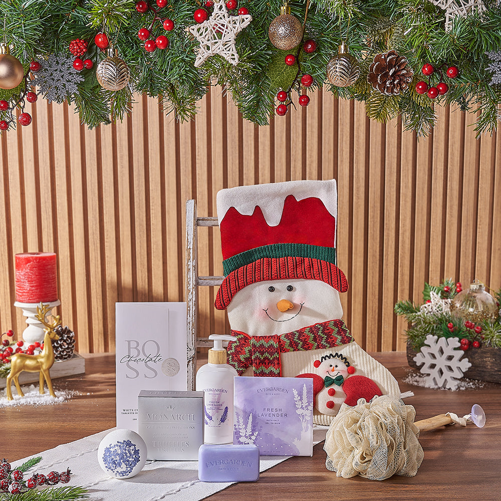 Snowman Spa Stocking Gift Set, spa gift, spa, chocolate gift, chocolate, christmas gift, christmas, Rhode Island delivery