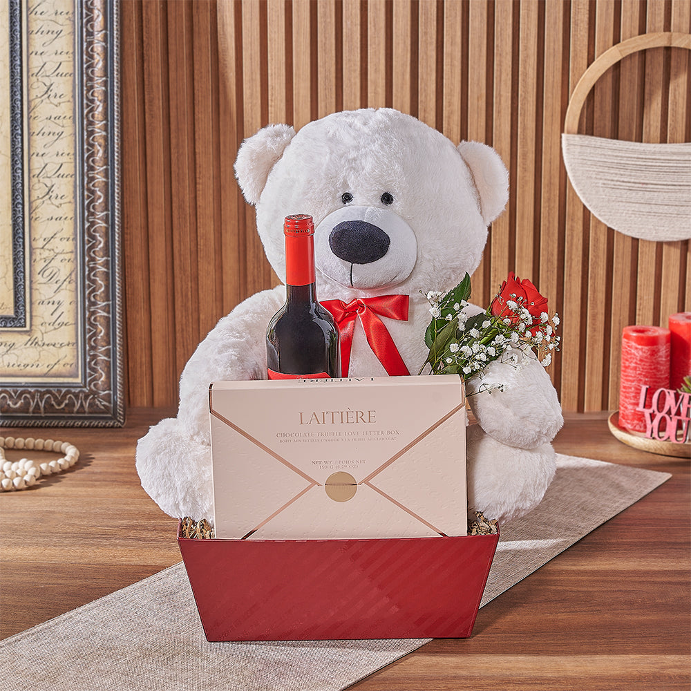 Valentine's Day Wine and Plush Gift – how the gift is presented