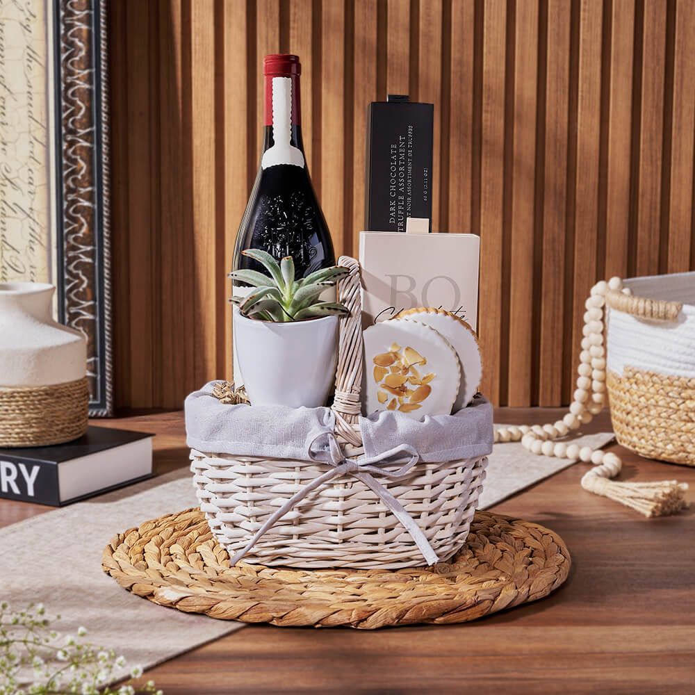 Sweet Succulent &amp; Wine Gift Basket, wine gift, wine, chocolate gift, chocolate, plant gift, plant, Rhode Island delivery