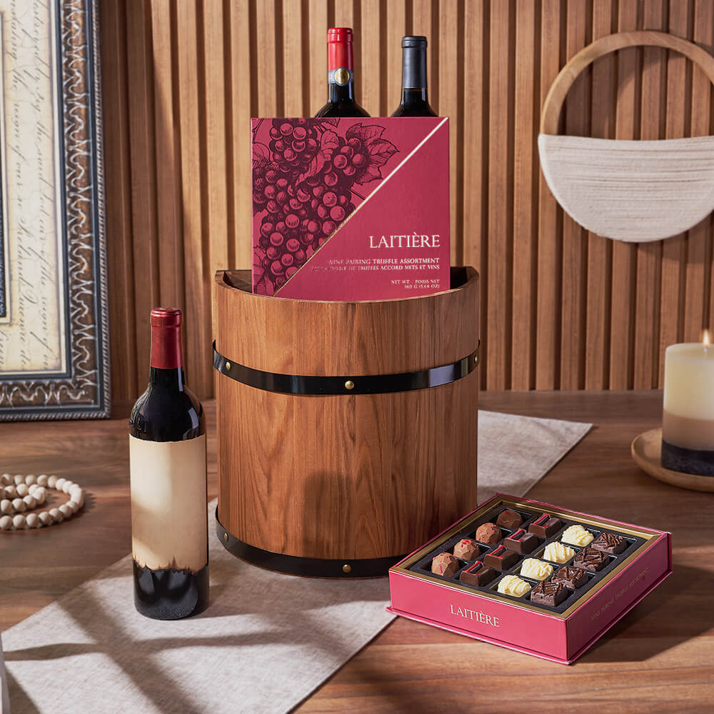 Barrel of Wine and Truffles Basket – how the gift is presented