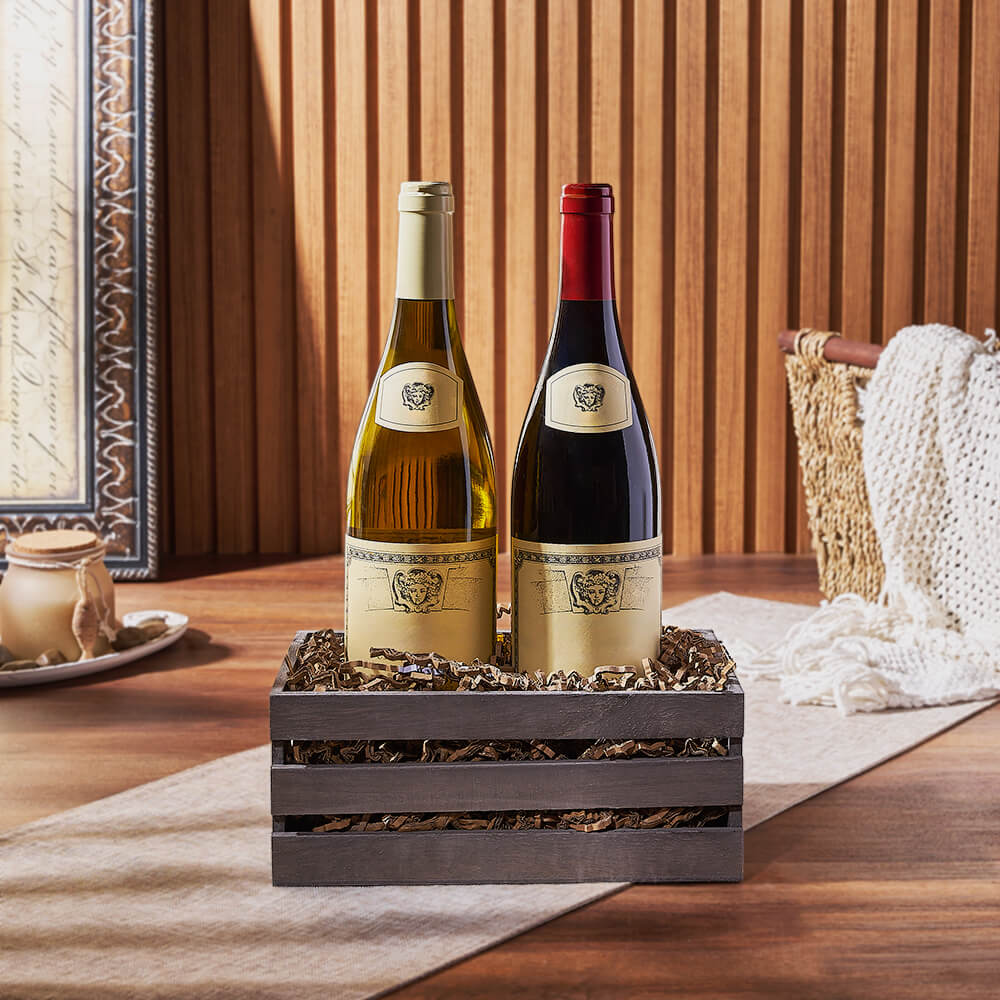 Deluxe Wine Gift Basket with 2 Bottles in Small Grey Crate – how the gift is presented