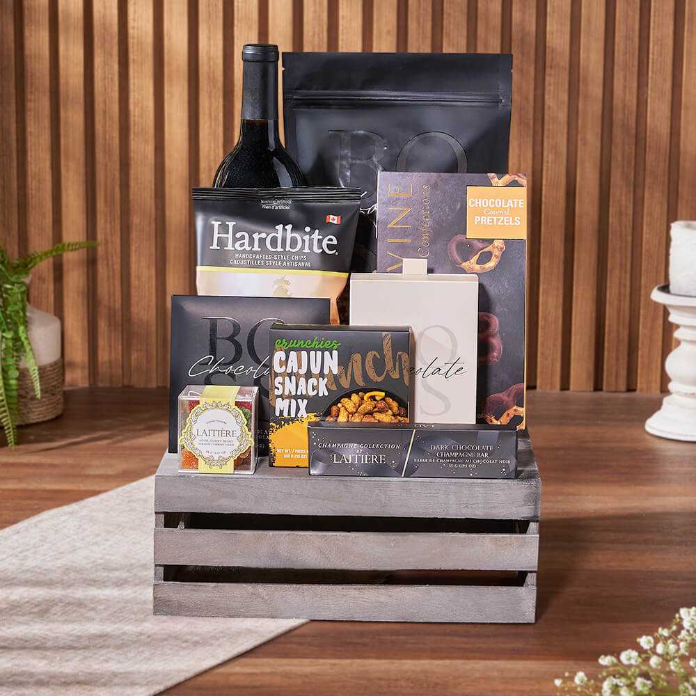 Wine Gift Crate with Snack Assortment – how the gift is presented