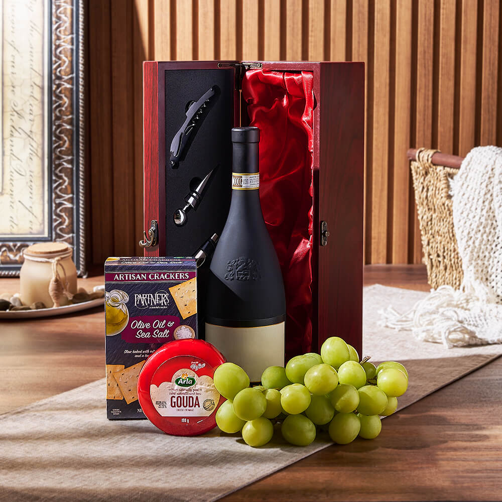 Classic Wine and Gourmet Cheese Gift Basket in Wooden Presentation Box – how the gift is presented