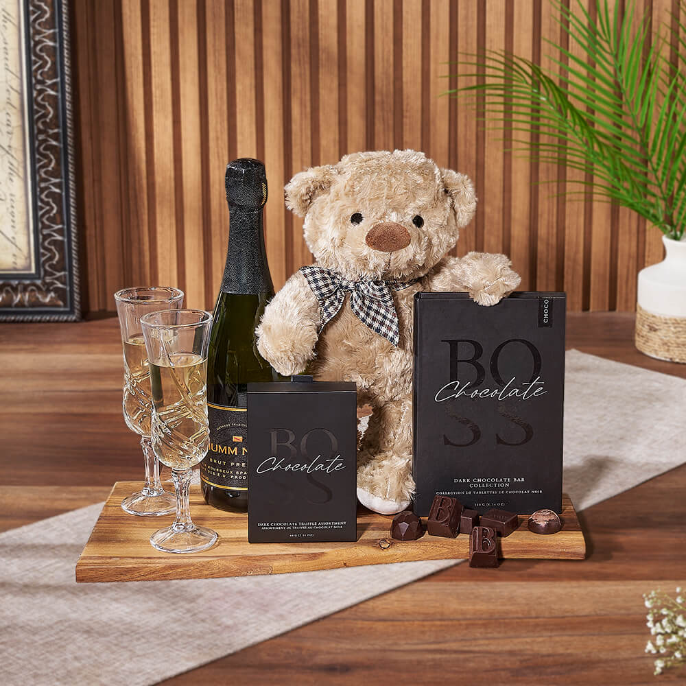 Sparkling Wine Celebration Gift Basket Featuring Gourmet Chocolates – how the gift is presented
