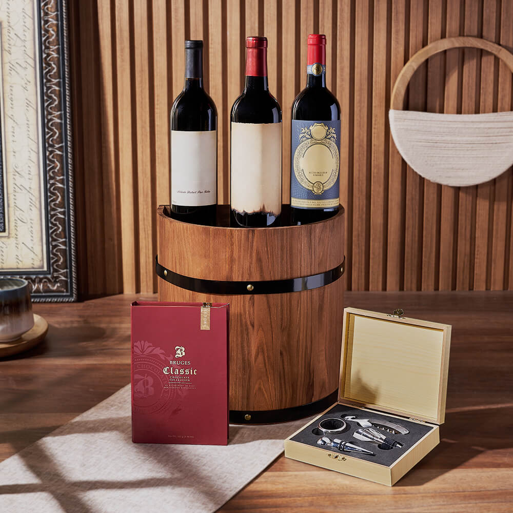 3-Bottle Wine and Chocolate Barrel – how the gift is presented