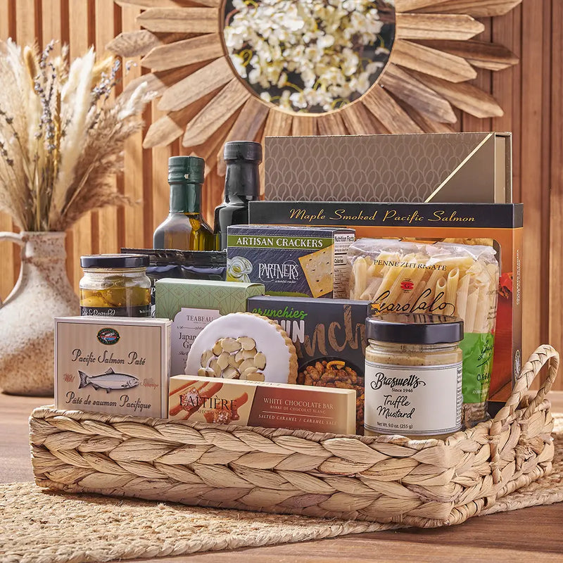 Prepared wine gift basket with gourmet snacks, crackers, salmon, pasta, mustard, and chocolate for Rhode Island delivery.
