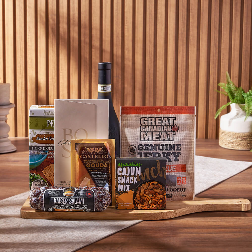 Wine &amp; Cheesy Treats Platter, wine gift, wine, cheese gift, cheese, salami gift, salami, gourmet gift, gourmet, Rhode Island delivery